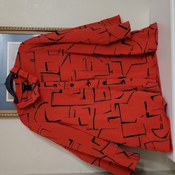 Ali Miles Tops - Ali Miles Artsy Art to wear Blouse XL Zipper Back Ruffle Sleeve Collegiate Lux